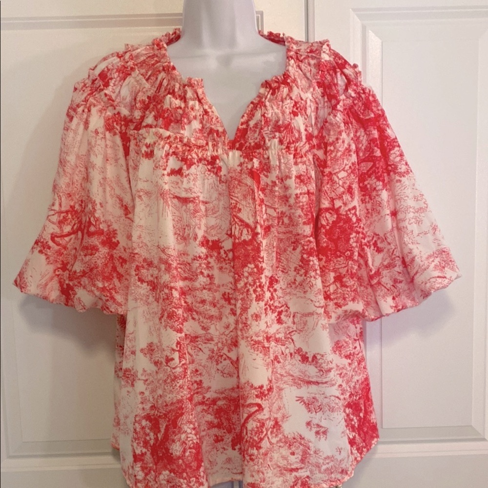 Pink and White Flutter Sleeve Ruffled Blouse